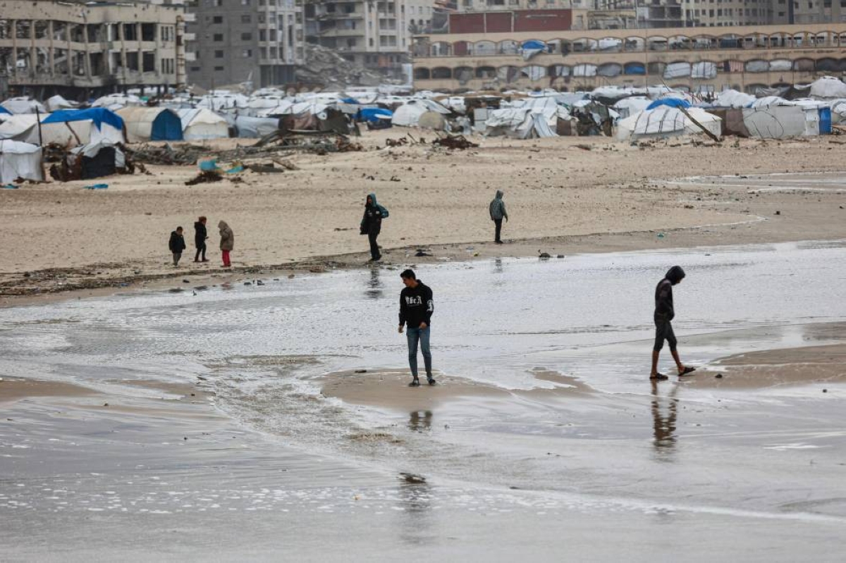 The tents of displaced Palestinians sheltering them from the harsh winter conditions are set-up along the sea front in Gaza City, an December 28, 2025. The majority of Gaza's 2.4 million people have been displaced, often multiple times, by the war that began with Hamas's attack on southern Israel on October 7, 2023. With many displaced living in tent camps, raising serious concerns over winter conditions. (AFP)