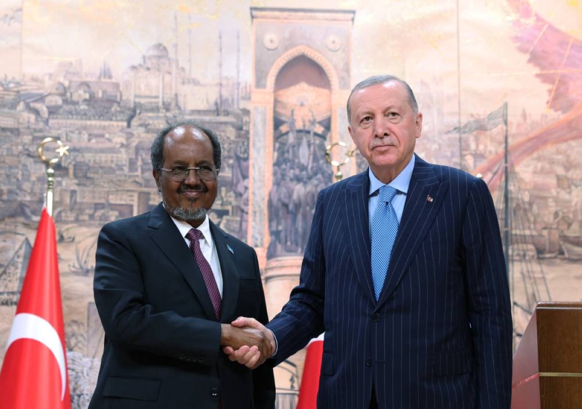 This handout photograph taken and released by the Turkish presidential press service on December 30, 2025, shows Turkish President Recep Tayyip Erdogan (R) and Somalian President Hassan Sheikh Mohamud (L) shaking hands during press conference in Istanbul, Turkey, 30 December 2025. (AFP) 