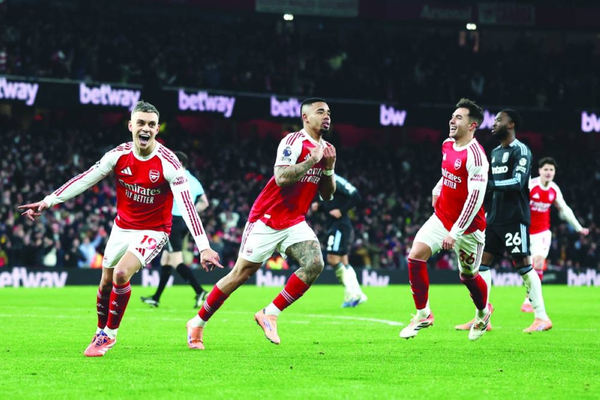 Soccer Football - Premier League - Arsenal v Aston Villa - Emirates Stadium, London, Britain - December 30, 2025
Arsenal's Gabriel Jesus celebrates scoring their fourth goal with Leandro Trossard and Martin Zubimendi. REUTERS