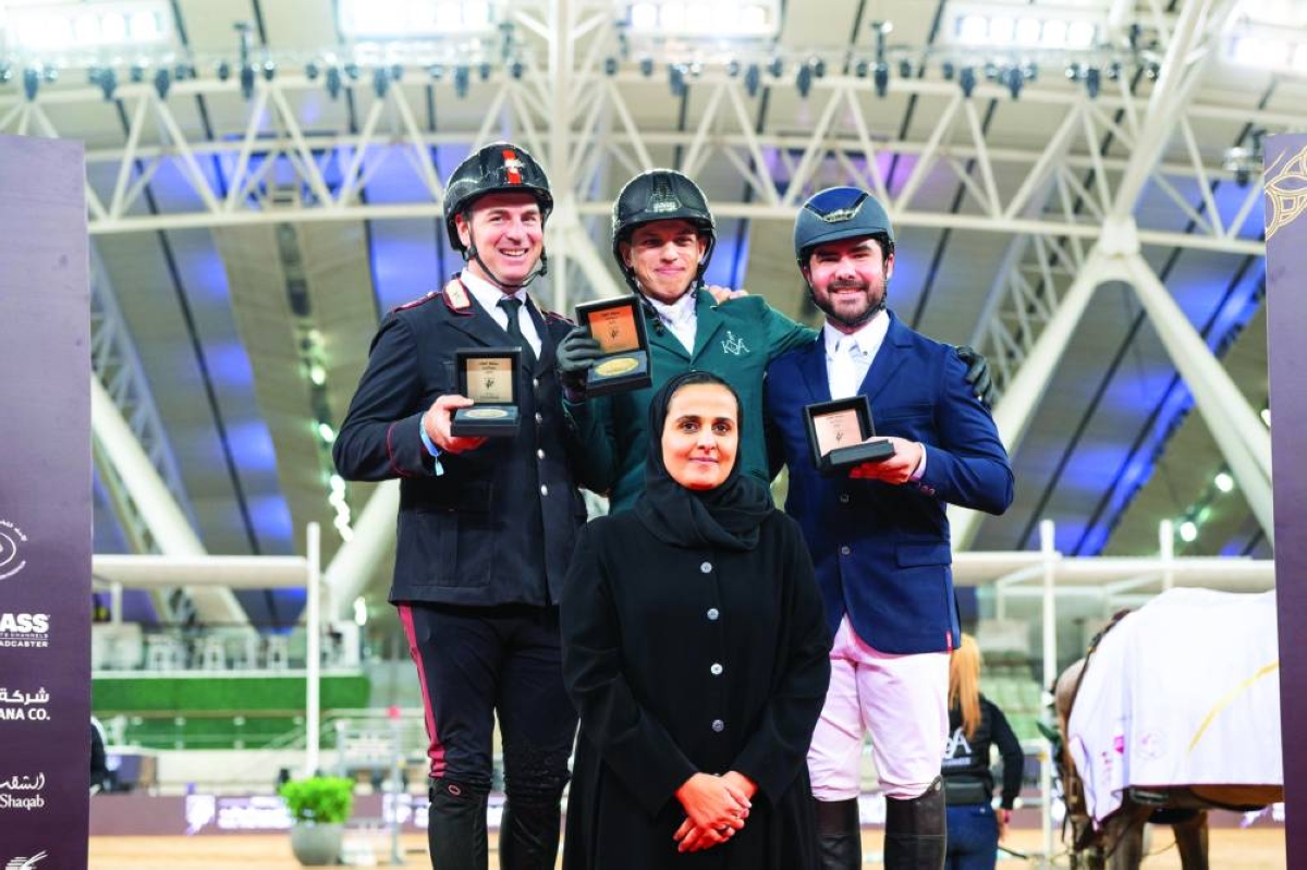 HE Sheikha Al Mayassa bint Hamad bin Khalifa al-Thani, Chairperson of Qatar Museums, crowned the top three winners of the CSI 4* 145cm class at the HH The Father Amir’s Prix at Al Shaqab yesterday.