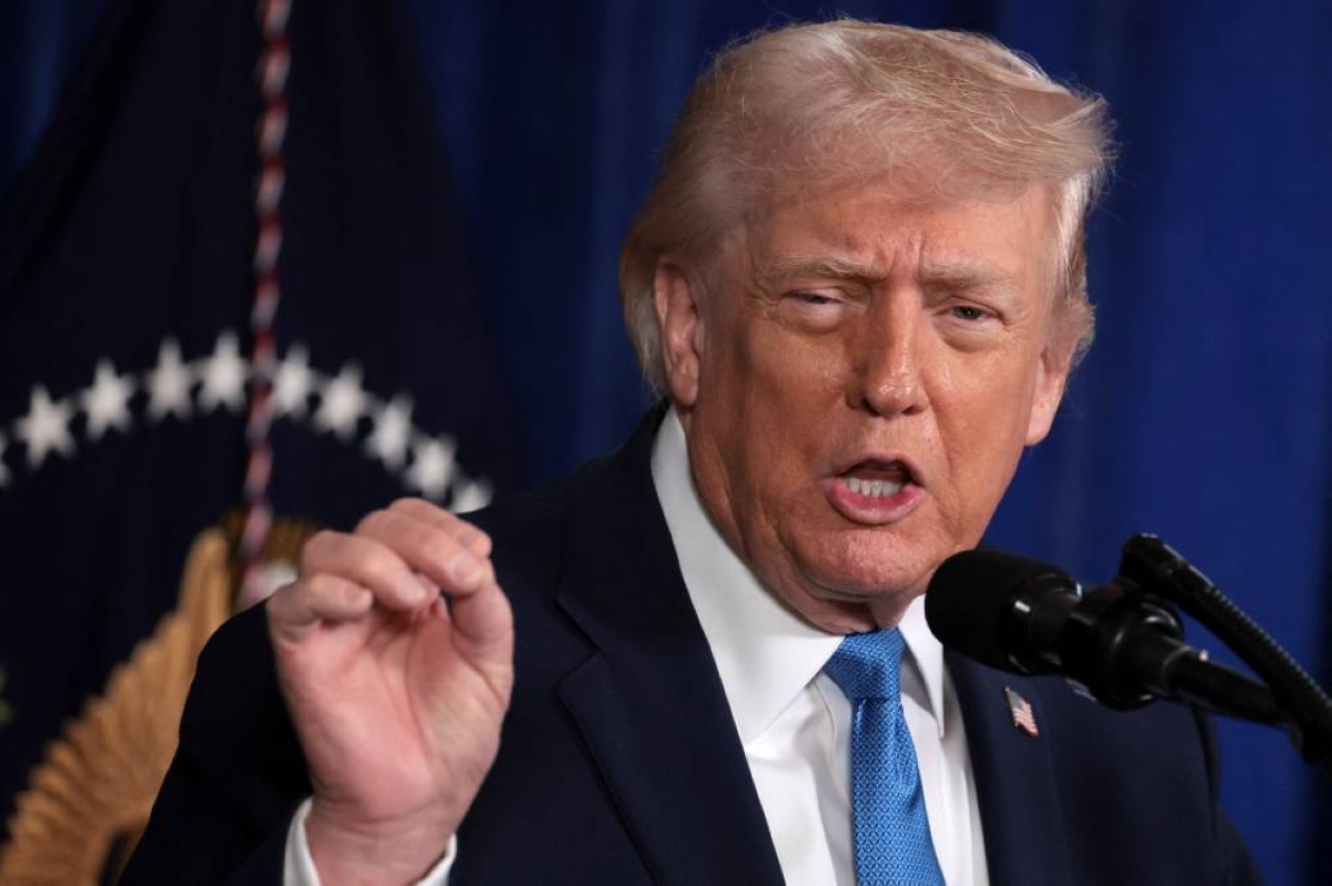 U.S. President Donald Trump speaks during a press conference following a U.S. strike on Venezuela where President Nicolas Maduro and his wife, Cilia Flores, were captured, from Trump's Mar-a-Lago club in Palm Beach, Florida, U.S., January 3, 2026. REUTERS