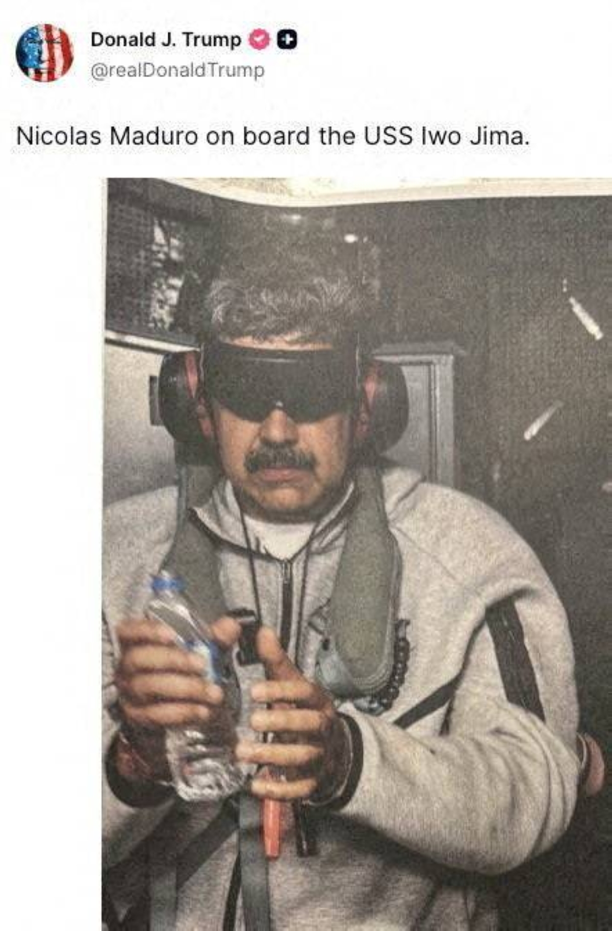 A photograph which US President Donald Trump posted on his Truth Social account shows what he describes as Venezuelan President "Nicolas Maduro on board the USS Iwo Jima" amphibious assault ship, currently in the Caribbean Sea. The image appears to be taken from a printed photograph, as white edging can be seen around the image. What appears to be the letters DEA can be seen on a black uniformed person next to Venezuelan president Maduro. Verifying the location was not immediately possible as the photograph is tightly cropped. But the patterning of grey hairs within Maduro's mustache matched recent imagery of him. (Reuters)
