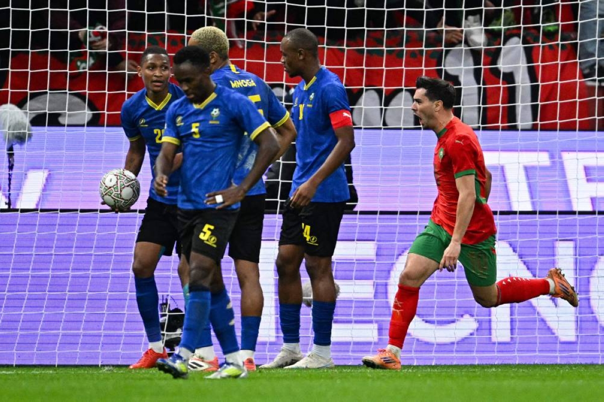 Morocco's Brahim Diaz (right) celebrates scoring against Tanzania in the Africa Cup of Nations round of 16 match at Prince Moulay Abdallah Stadium in Rabat Sunday. (AFP)