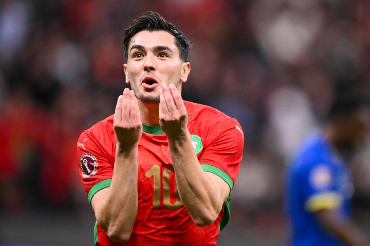 Morocco's Brahim Diaz celebrates scoring his team's first goal during the Africa Cup of Nations round of 16 match against Tanzania at Prince Moulay Abdallah Stadium in Rabat Sunday. (AFP)