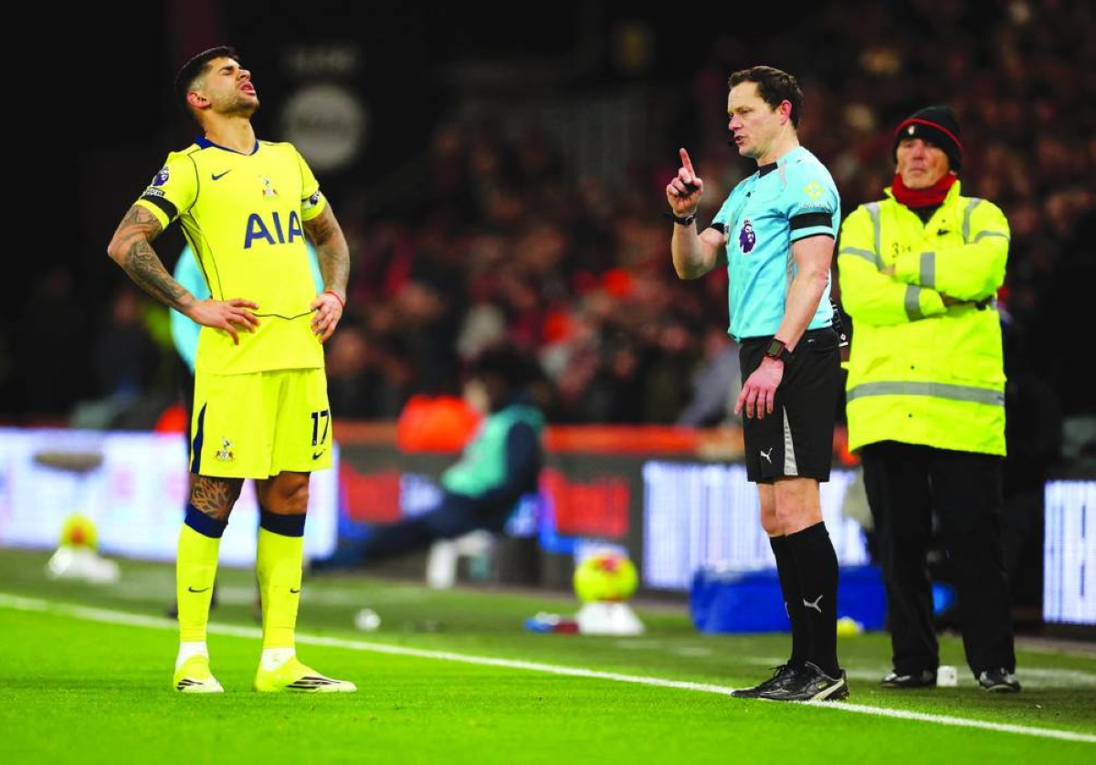 Soccer Football - Premier League - AFC Bournemouth v Tottenham Hotspur - Vitality Stadium, Bournemouth, Britain - January 7, 2026
Tottenham Hotspur's Cristian Romero looks dejected as referee Darren England overturns a penalty decision after a VAR review REUTERS