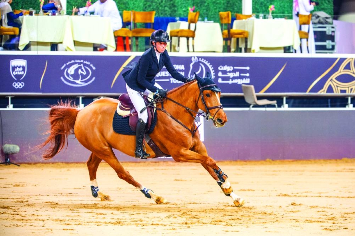 Switzerland’s Nadja Peter Steiner guided the BWP mare Nice Van’T Zorgvliet to the fastest time of 59.30 seconds to win the CSI5 1.50m Faults and Time class at HH The Father Amir’s Prix at Al Shaqab yesterday.