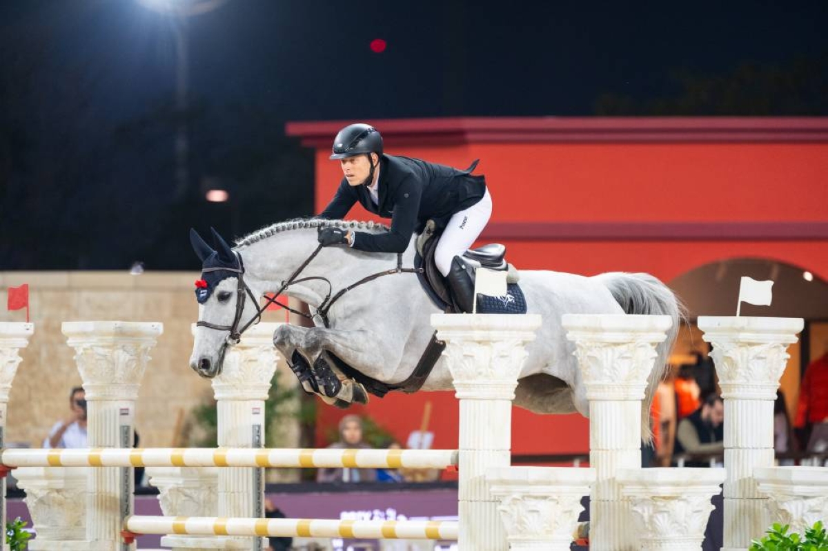 Austria’s Max Kuhner aboard EIC Quantum Robin V in action during the CSI5* Jump-Off (1.55m) at HH The Father Amir’s Prix at Al Shaqab yesterday.