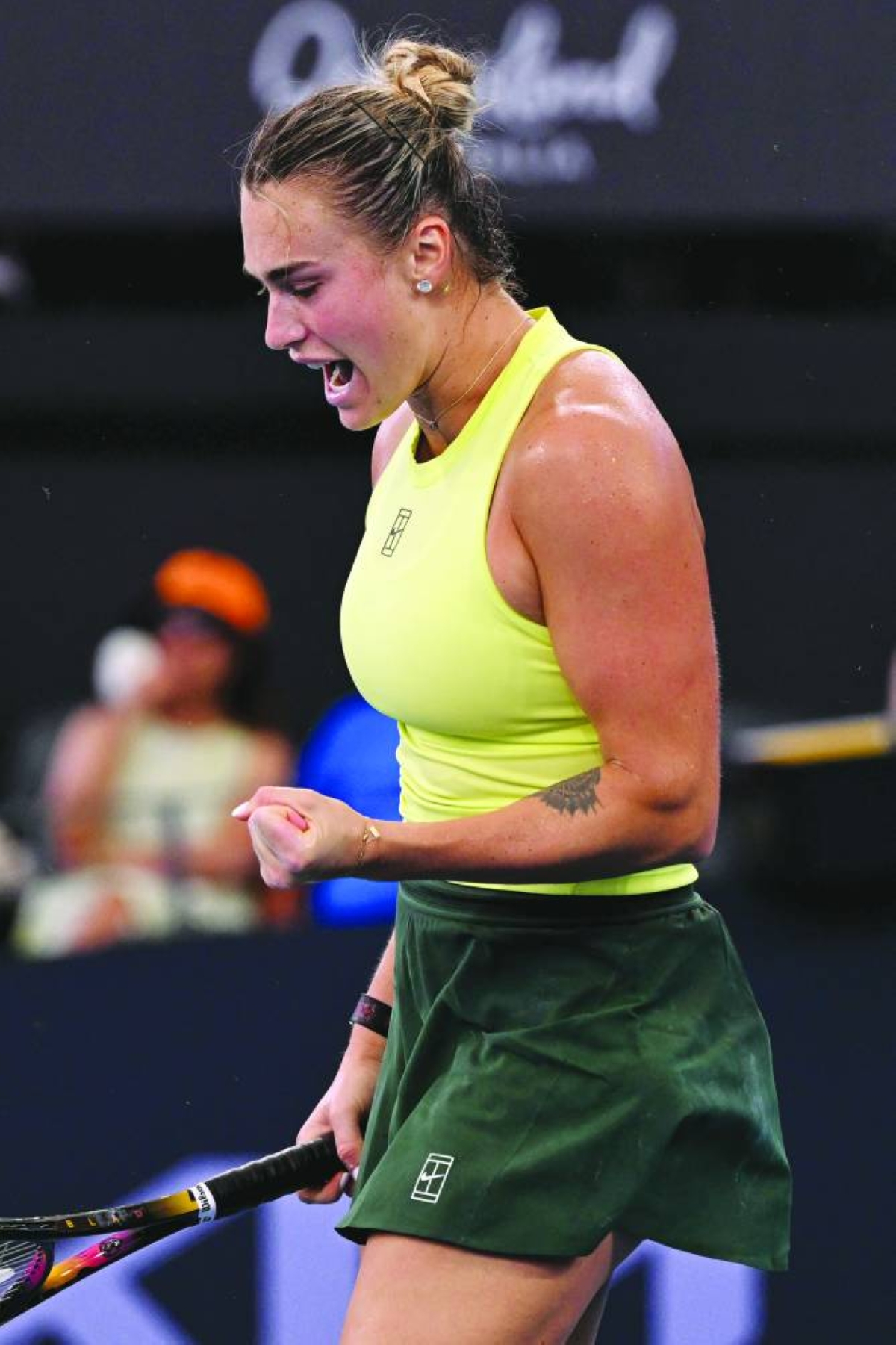 Aryna Sabalenka of Belarus reacts during her semi-final against Karolina Muchova of Czech Republic at the Brisbane International Saturday. (AFP)