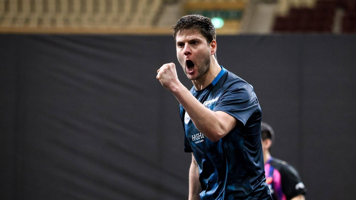 Dimitrij Ovtcharov of Germany celebrates a point against world number one Lin Shidong of China at Lusail Sports Arena on Saturday. 