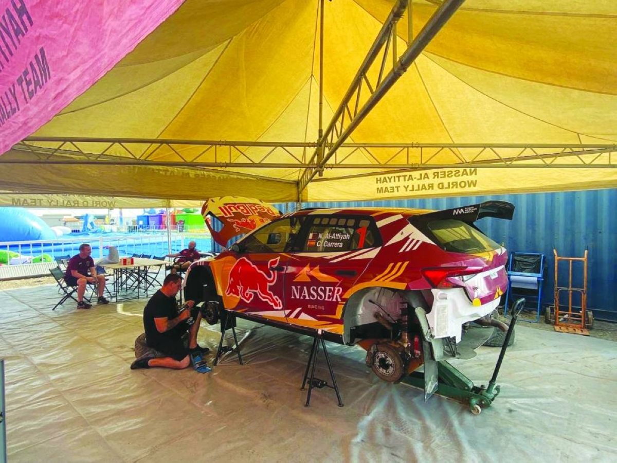 Nasser Saleh al-Attiyah's Skoda Fabia undergoes final preparations in Sohar.