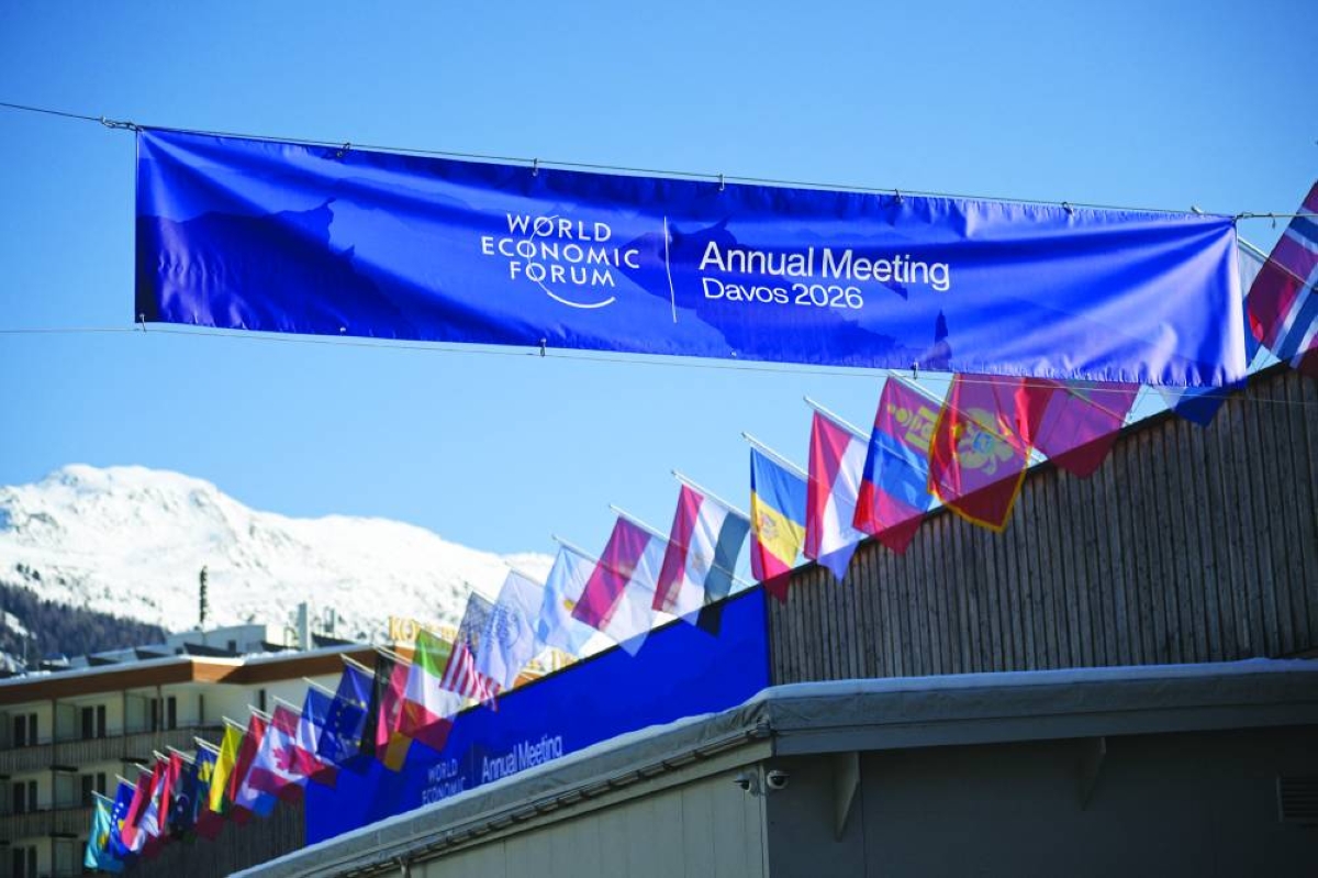 The logo of World Economic Forum (WEF) is displayed on a banner during the 56th annual World Economic Forum (WEF) meeting, in Davos, Switzerland, January 20, 2026. REUTERS