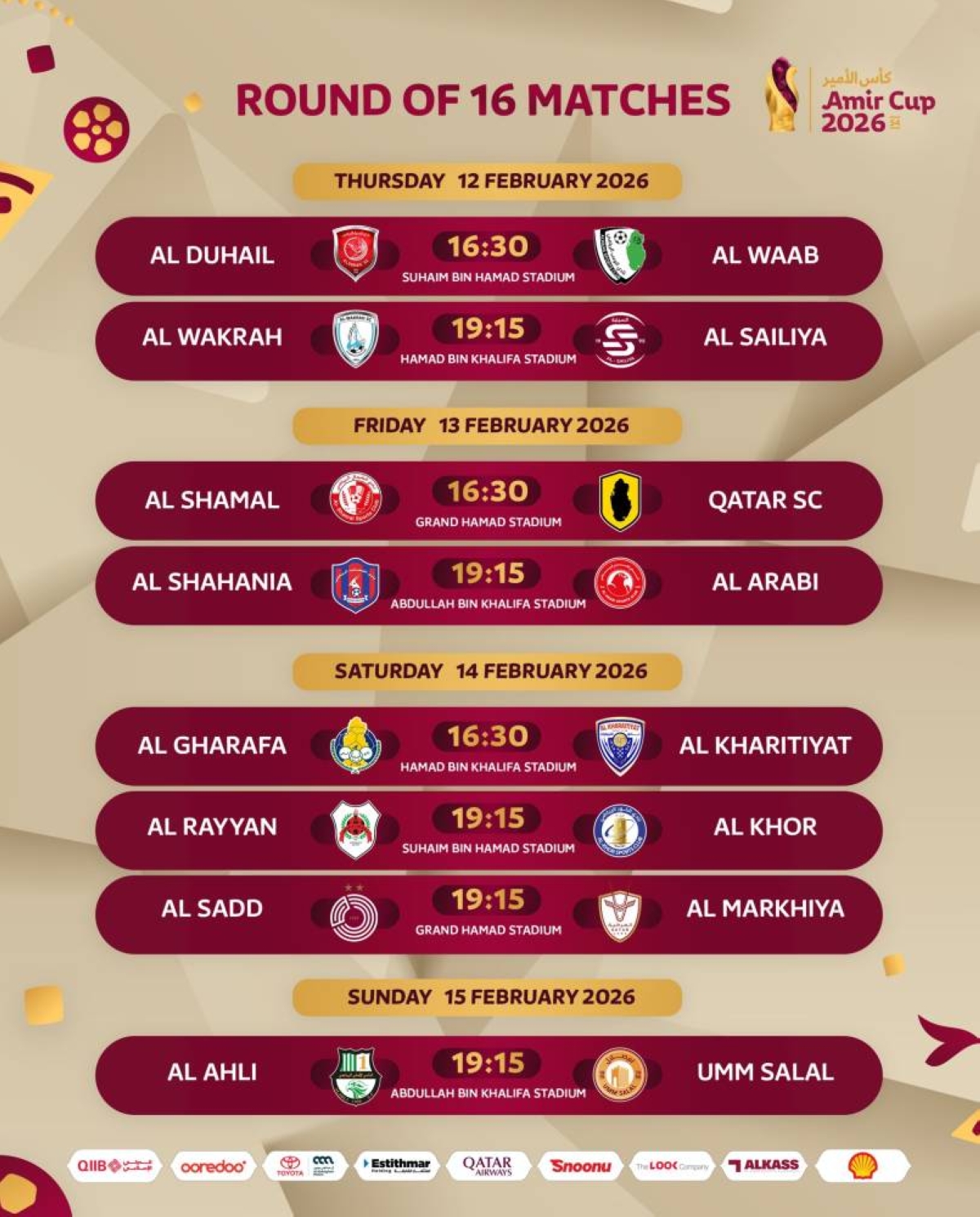 The Amir Cup round of 16 matches will be played from February 12 to 15, across Suhaim Bin Hamad, Hamad Bin Khalifa, Grand Hamad and Abdullah Bin Khalifa stadiums.