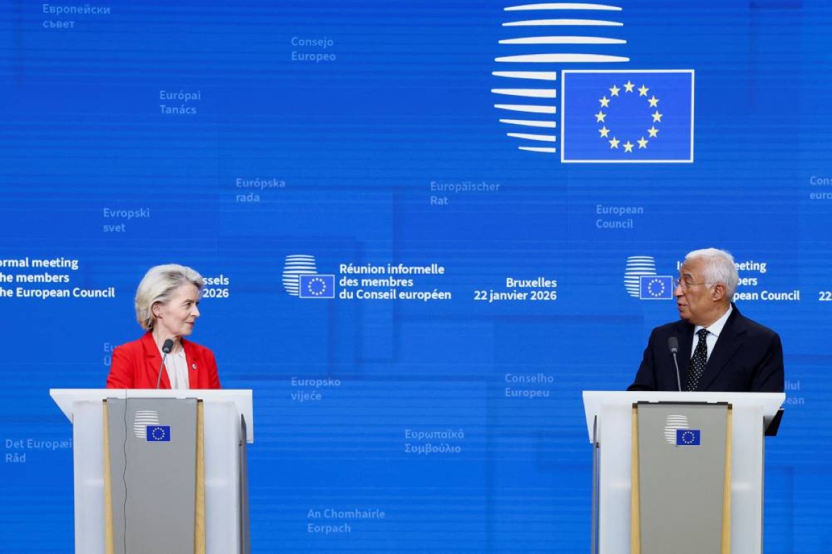 President of the European Commission Ursula von der Leyen and European Council President Antonio Costa hold a press conference after attending a special summit of European Union leaders to discuss transatlantic relations following US President Donald Trump's threats to impose new tariffs on goods from a list of EU countries over his demand to acquire Greenland, in Brussels.