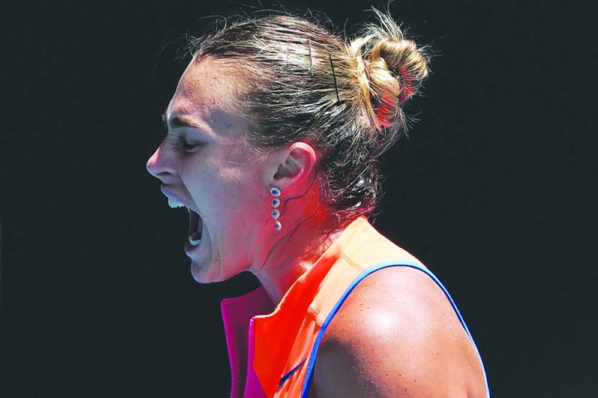 Belarus' Aryna Sabalenka reacts after a point against Canada's Victoria Mboko in Melbourne Sunday. (AFP)