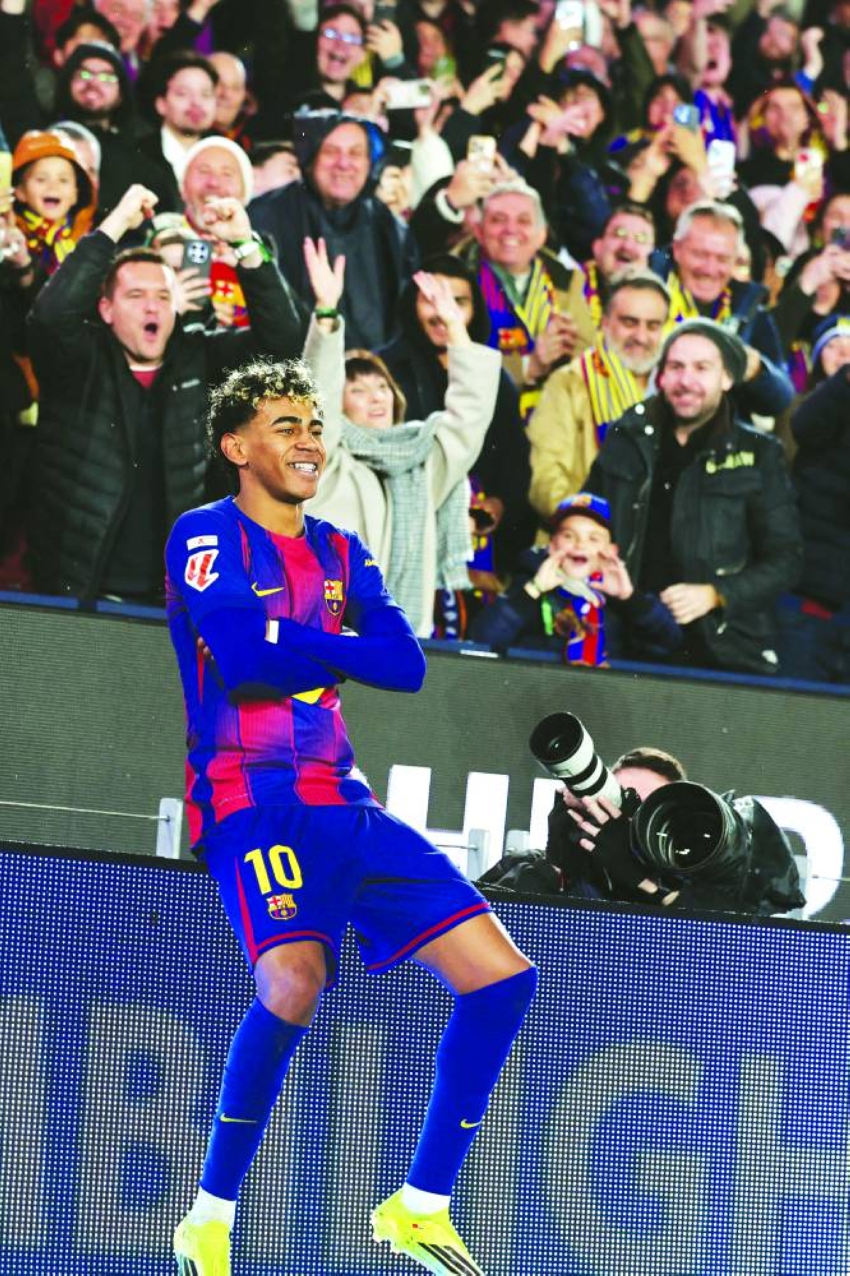 Barcelona's forward Lamine Yamal celebrates scoring his team's third goal during the la Liga match against Real Oviedo at Camp Nou Stadium in Barcelona Sunday. (AFP)
