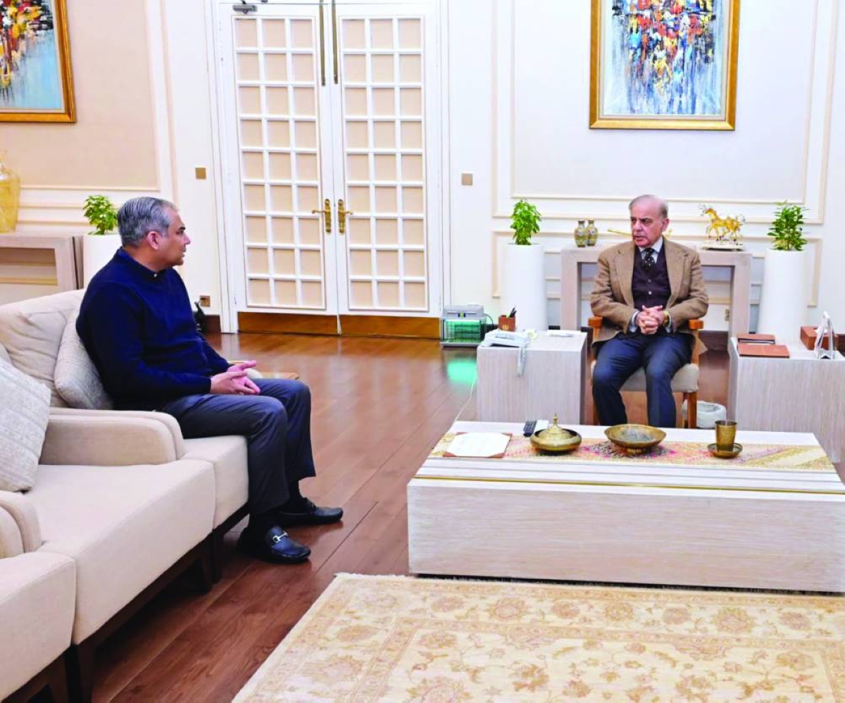 Pakistan’s Prime Minister Shahbaz Sharif with PCB president Mohsin Naqvi during a meeting in Islamabad Monday.