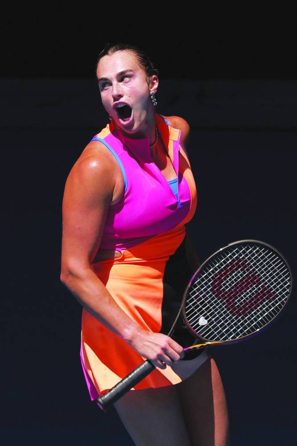 Belarus' Aryna Sabalenka reacts during her quarter-final against USA's Iva Jovic Tuesday. (AFP)