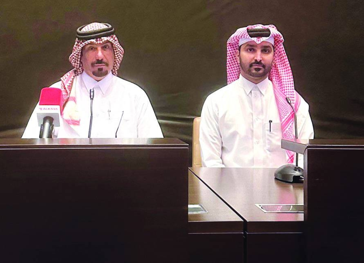 Head of the Organising Committee Hassan al-Ishaq and Executive Director of the Qatar Sports for All Federation Abdullah al-Dosari speak at a press conference organised to announce  the third edition of the Al Thumama Ramadan Football Tournament