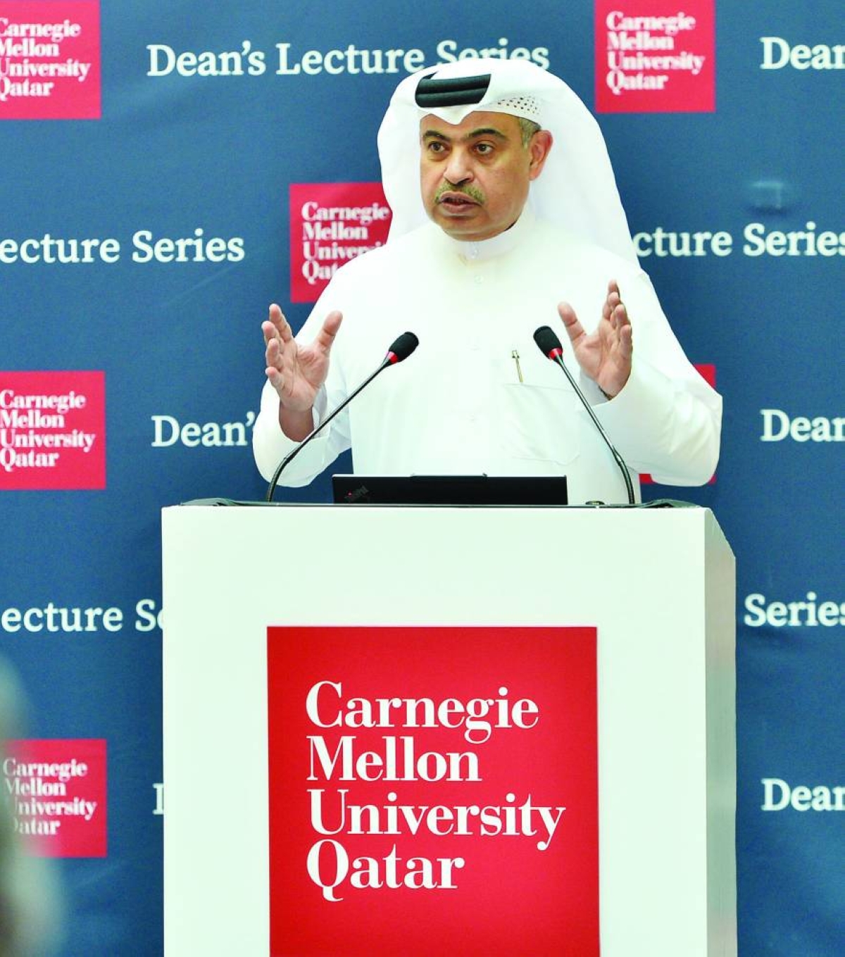 His Excellency the Finance Minister Ali bin Ahmed al-Kuwari addressing the Carnegie Mellon University lecture series. 
PICTURE: Shaji Kayamkulam