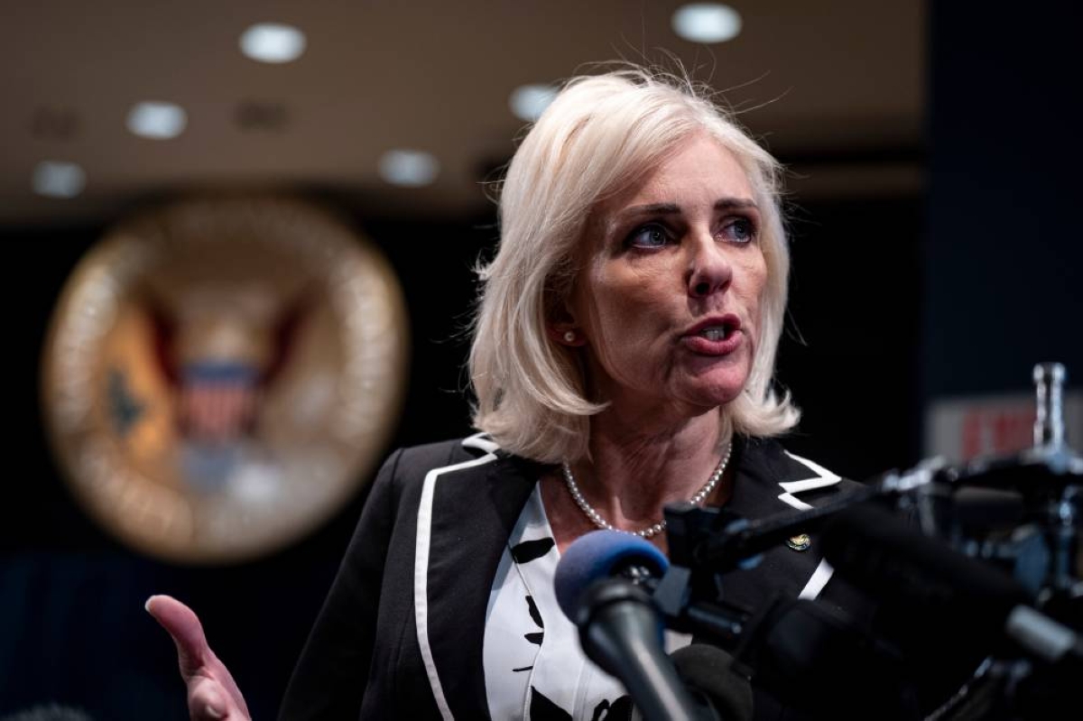 Jennifer Homendy, chair of the National Transportation Safety Board, speaks to members of the media in Washington. The US Federal Aviation Administration’s failure to monitor and act on safety risks in the airspace near Washington was among a number of systemic failures safety officials blamed for last year’s midair collision.