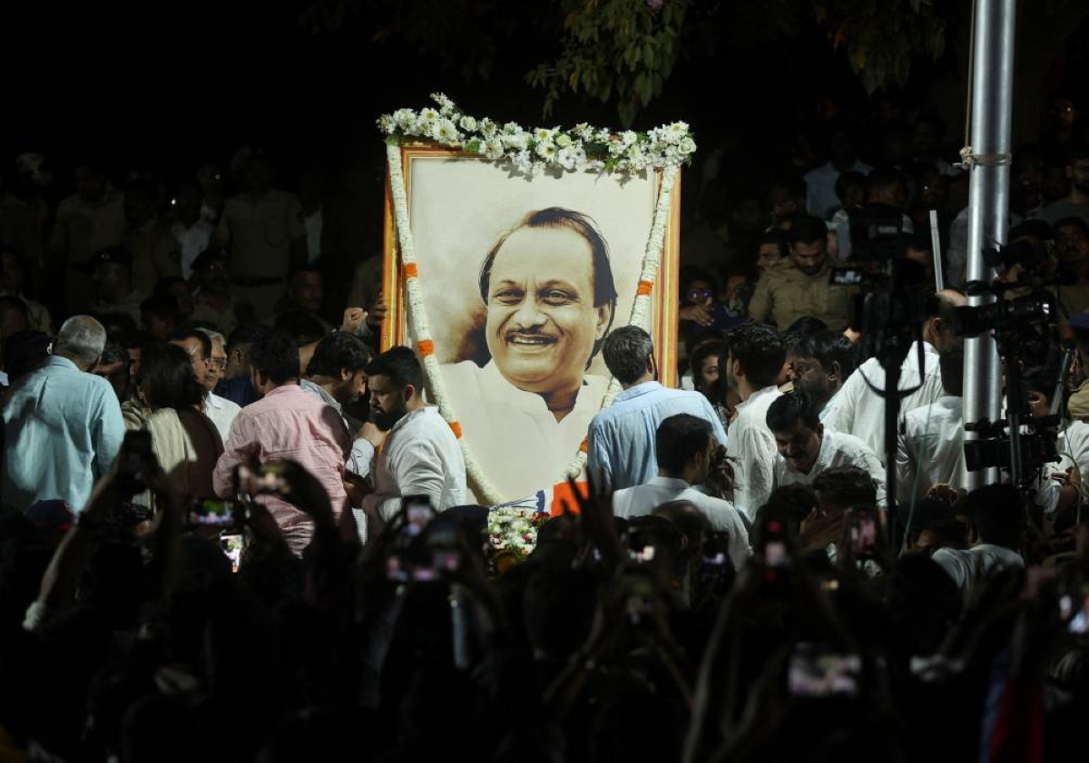 People pay their last respects to Maharashtra Deputy Chief Minister Ajit Pawar after he was killed in a VSR Ventures-operated Learjet 45 aircraft crash in Baramati, India, January 28, 2026. REUTERS