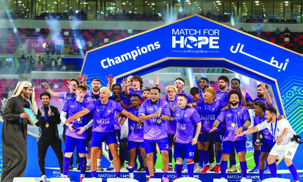 Team Chunkz celebrates on stage after winning the 2026 Match for Hope charity football game in a dramatic, high-scoring finish. PICTURES: Noushad Thekkayil