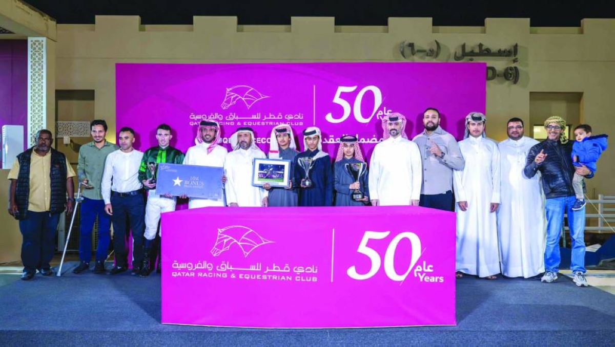 Connections of Maysara celebrate after the six-year-old chestnut mare won the Marmi Cup at Al Uqda Racecourse Saturday. PICTURE: Juhaim