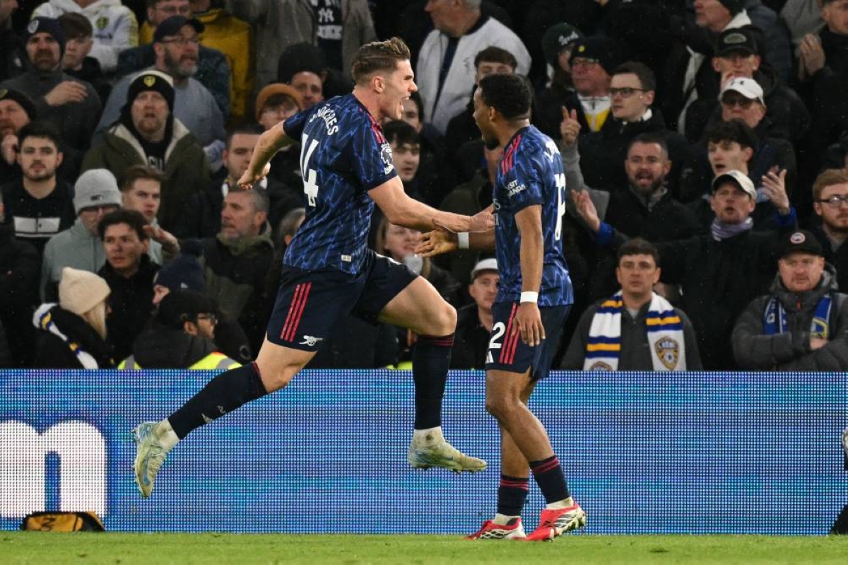 Arsenal's Viktor Gyokeres celebrates after scoring their third goal during the Premier League match against Leeds United at Elland Road in Leeds yesterday. (AFP) 
