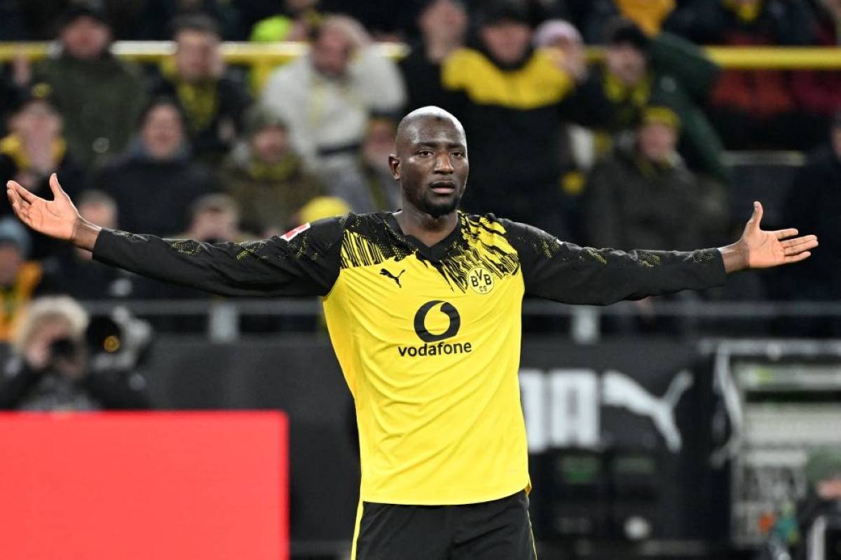 Dortmund's Guinean forward #09 Serhou Guirassy reacts during the German first division Bundesliga football match between Borussia Dortmund and Heidenheim in Dortmund, western Germany, on February 1, 2026. (AFP)