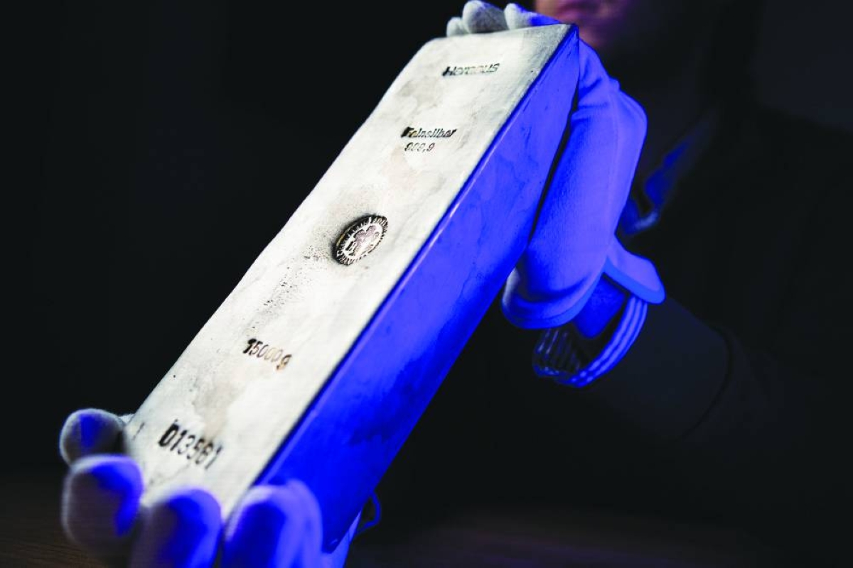 
A 15kg silver bar at Conclude Zrt bullion dealer arranged in Budapest, Hungary. 