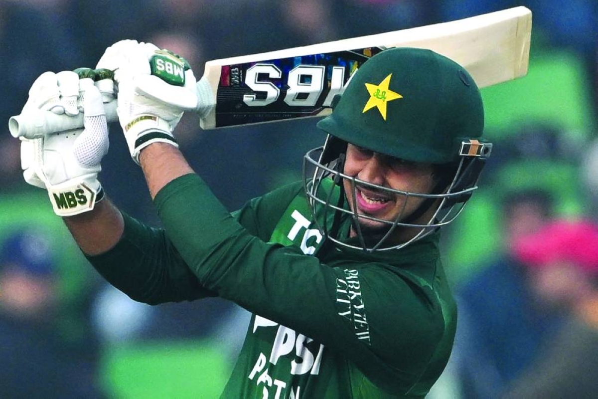 Pakistan’s Saim Ayub plays a shot during the third Twenty20 international against and Australia Sunday. (AFP)