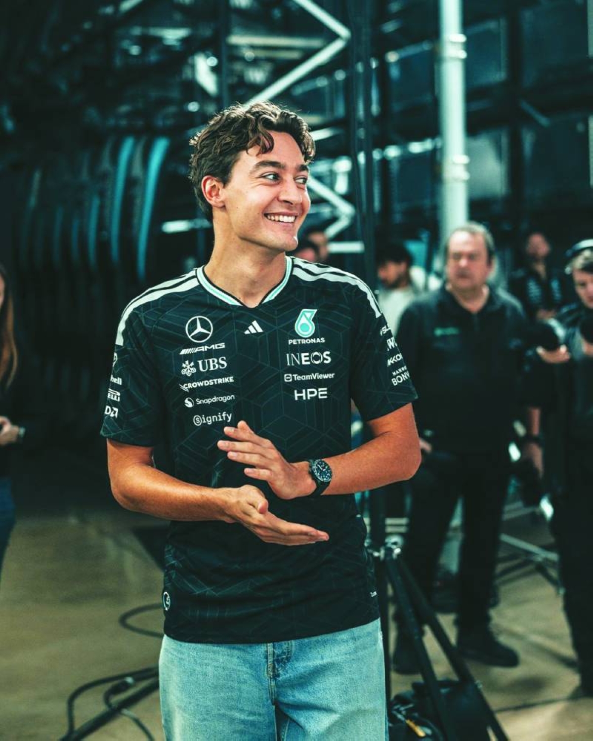 British F1 driver for Mercedes George Russell at the team’s digital launch Monday. (@MercedesAMGF1)