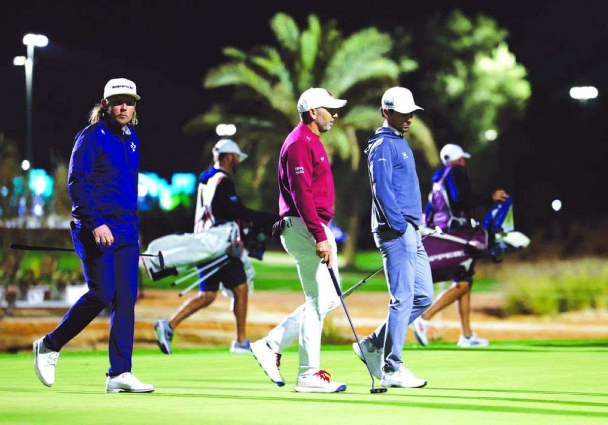 Torque GC’s Joaquin Niemann, Ripper GC’s Cameron Smith and Fireballs GC’s Sergio Garcia during round 1 of the first round of LIV Golf series at Riyadh Golf Club in Saudi Arabia Wednesday. (Reuters)