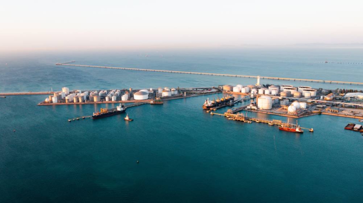 An aerial view of oil terminal in industrial facility for storage tank of oil and LPG Petrochemical. Oil prices settled higher on Friday, reversing earlier losses, as traders worried that last week's talks between the US and Iran had failed to reduce the risk of a military conflict between the two countries. PICTURE: Abdullah bin Hamad Al-Attiyah International Foundation for Energy and Sustainable Development.