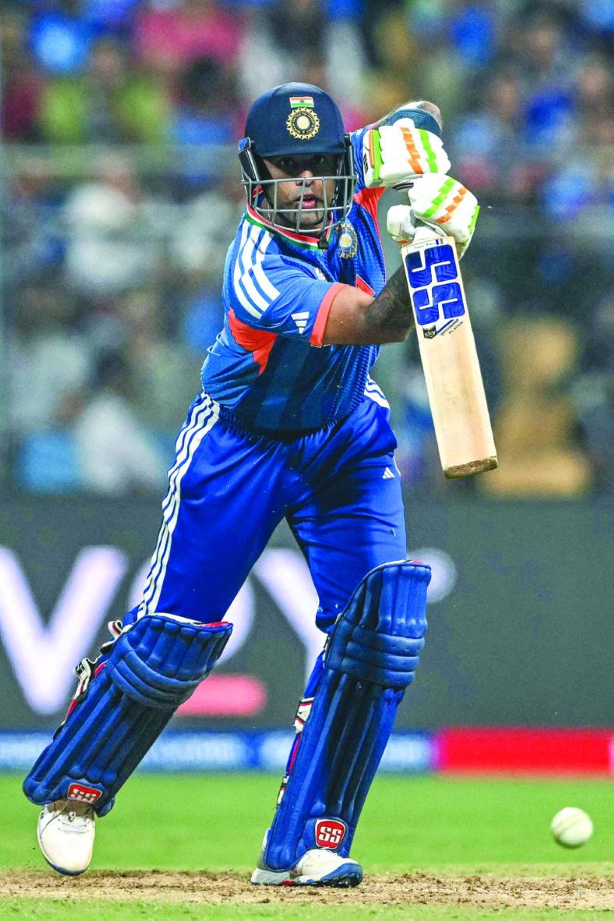 India's captain Suryakumar Yadav plays a shot during the 2026 ICC Men's T20 Cricket World Cup group stage match between India and USA at the Wankhede Stadium in Mumbai on February 7, 2026. (AFP)