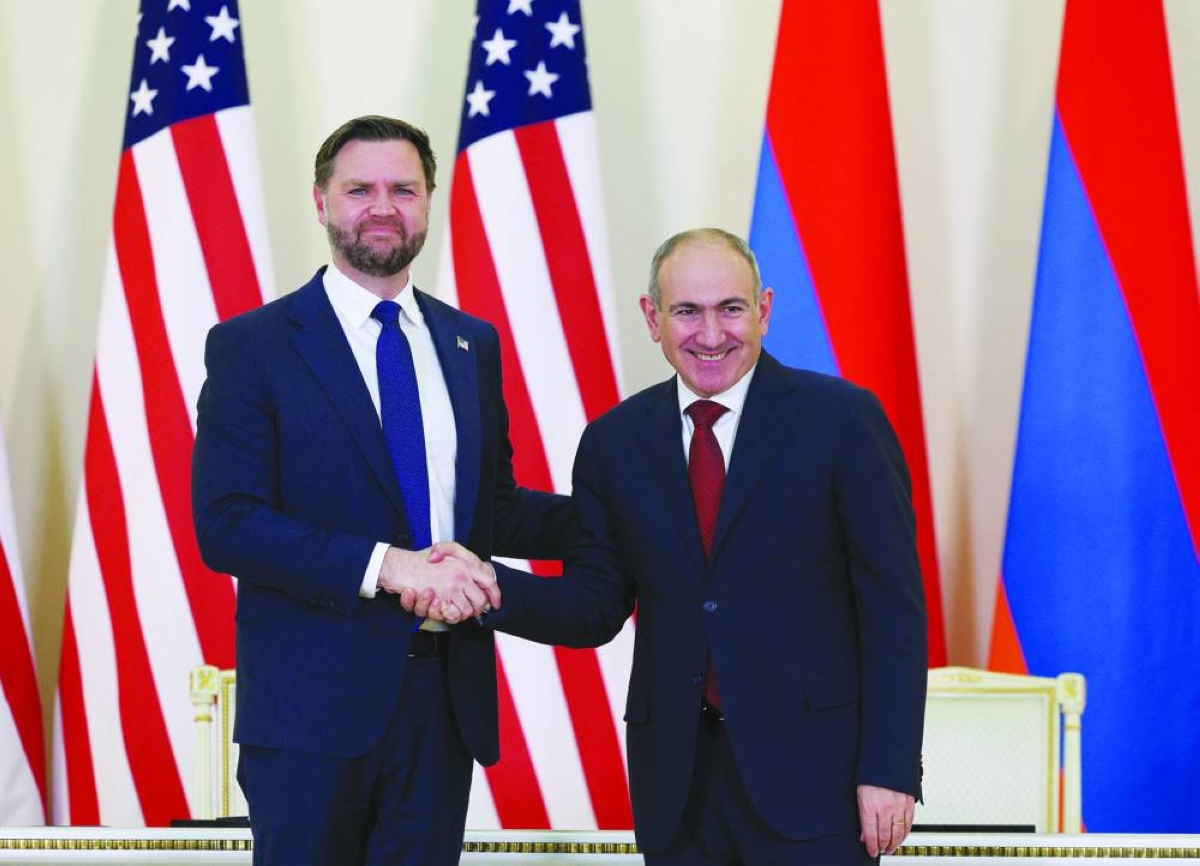 US Vice-President JD Vance and Armenia's Prime Minister Nikol Pashinyan shake hands, as they attend a joint press conference, in Yerevan, Armenia, Monday.