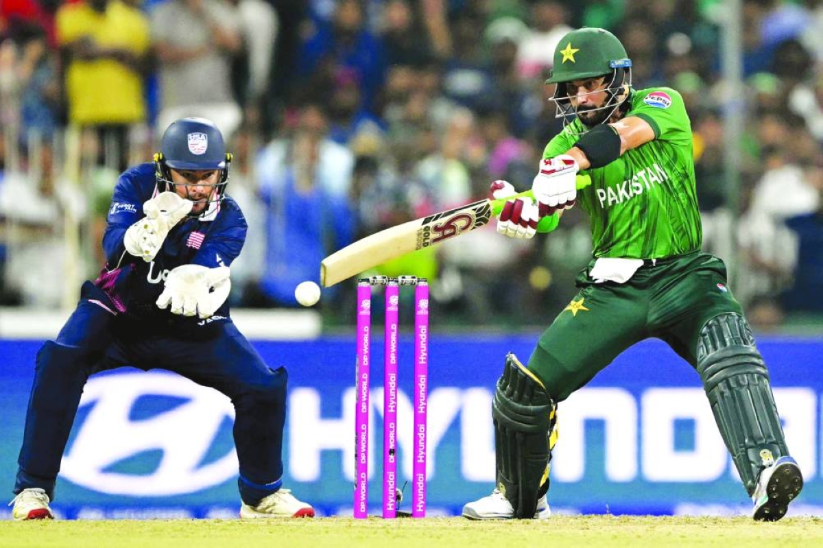 Pakistan's Sahibzada Farhan plays a shot during the 2026 ICC Men's T20 Cricket World Cup group stage match between Pakistan and USA at the Sinhalese Sports Club (SSC) Ground in Colombo on February 10, 2026. (Photo by Ishara S.KODIKARA / AFP)