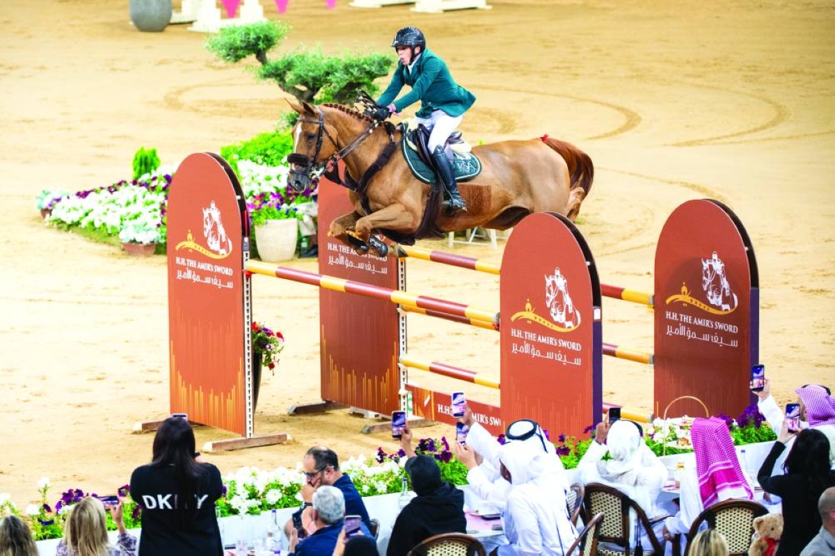 Saudi Arabia’s Abdullah Alsharbatly abroad 13-year-old mare Diriyah clears a rail en route to winning the the CSI5* 160cm Grand Prix at the HH The Amir’s Sword Showjumping Championship at Al Shaqab.
