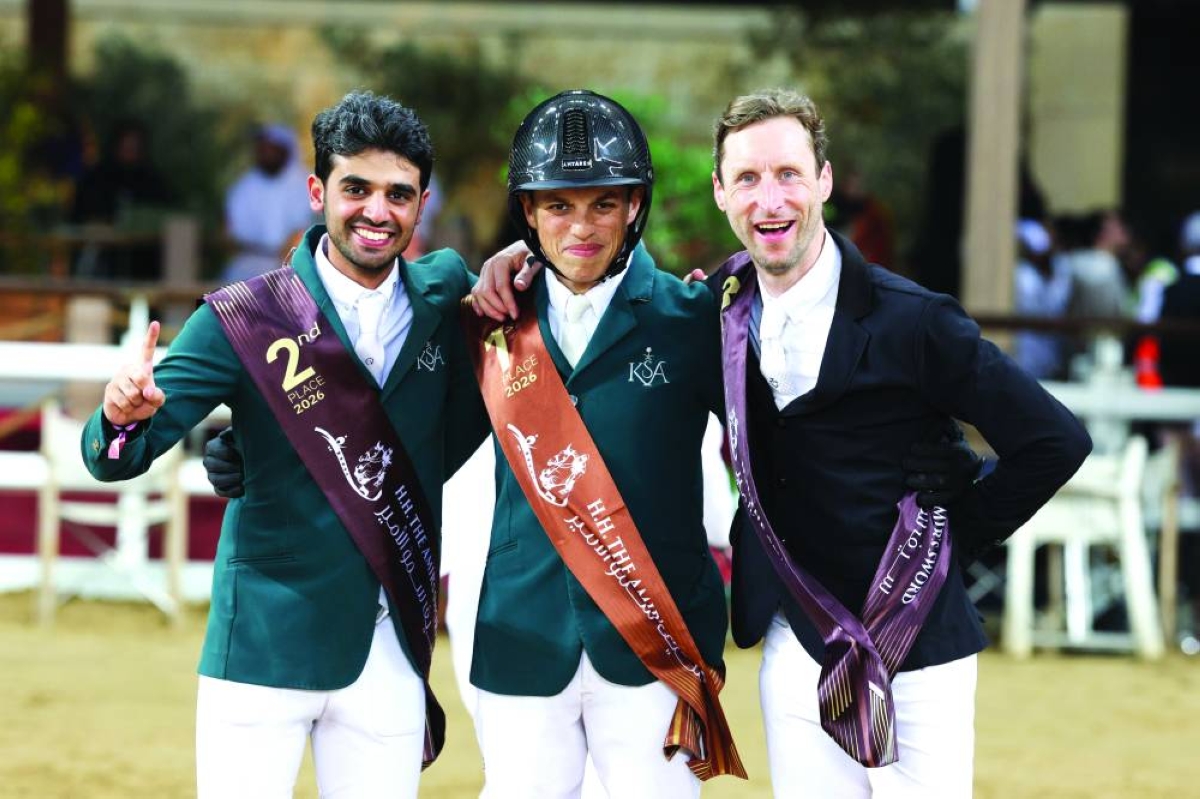 Amir’s Sword winner Saudi Arabia’s Abdullah Alsharbatly (centre) celebrates with compatriot and runner-up Khaled Almobty (left) and Belgium’s Pieter Devos, who finished third.