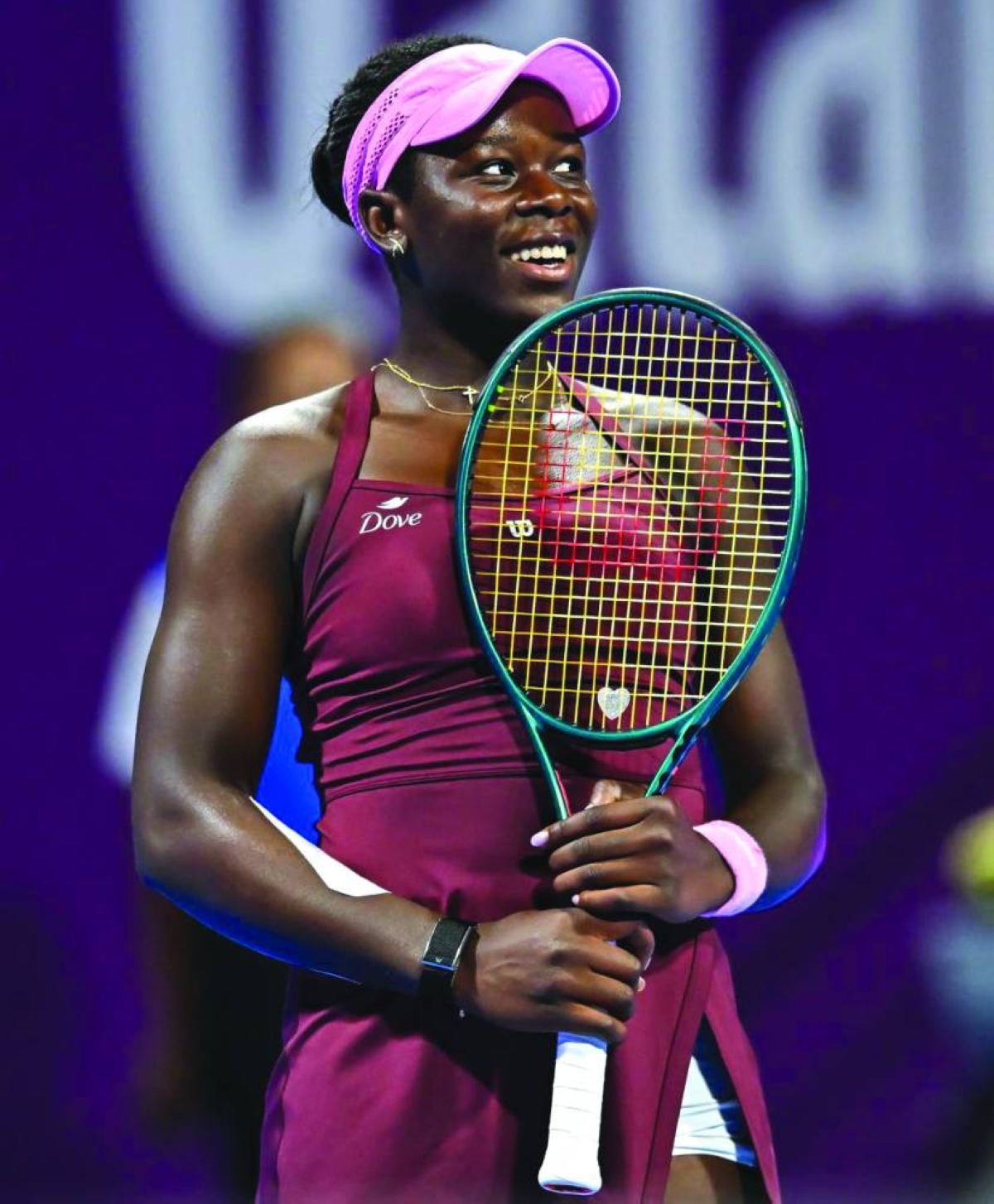 Canada’s Victoria Mboko celebrates winning her Qatar TotalEnergies Open semi-final against Jelena Ostapenko of Latvia in Doha yesterday. Pictures: Noushad Thekkayil