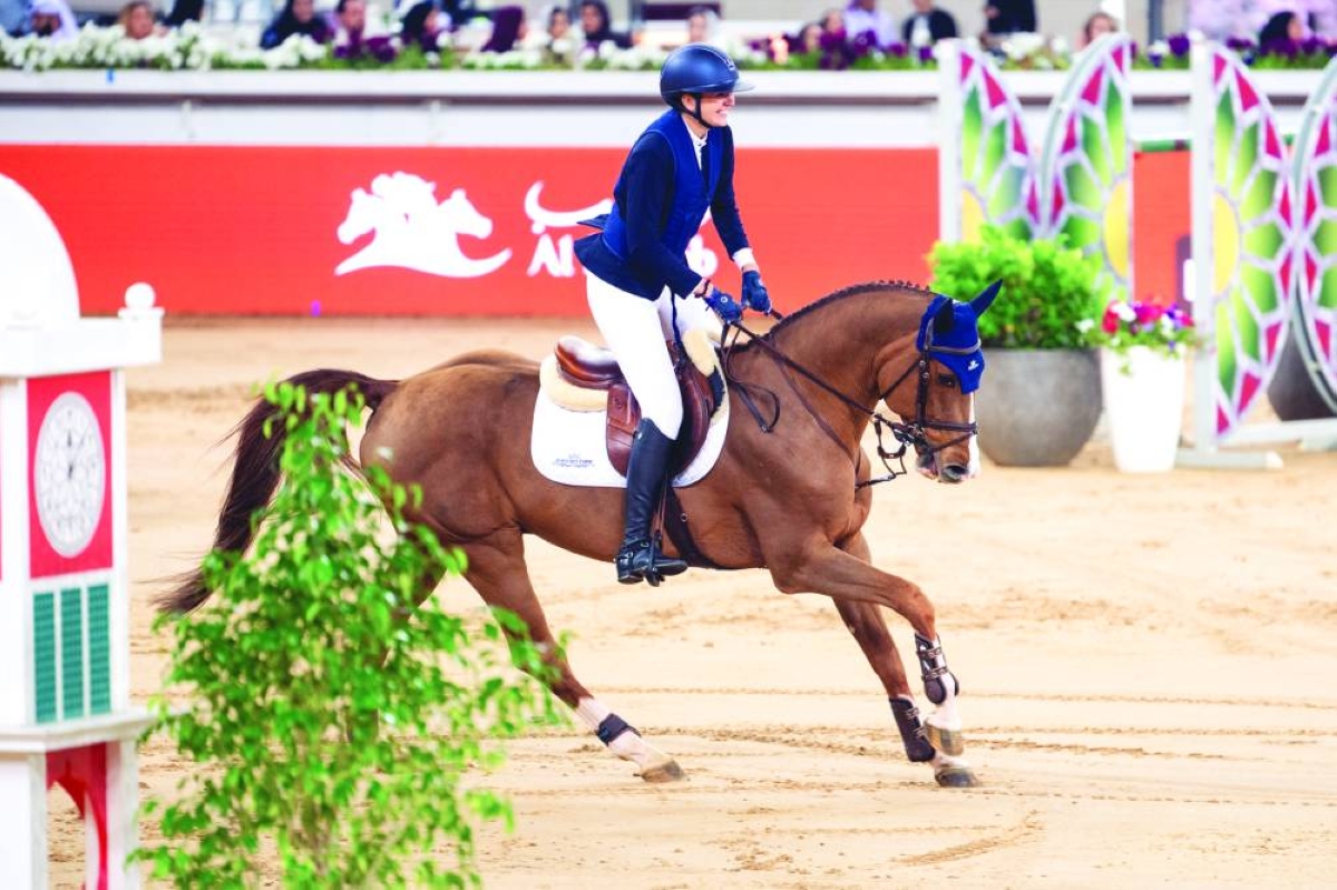 France’s Lara Tryba aboard Chageorge en route to winning the CSI3*-W 150cm Grand Prix at HH The Amir's Sword Showjumping Championship at Al Shaqab.