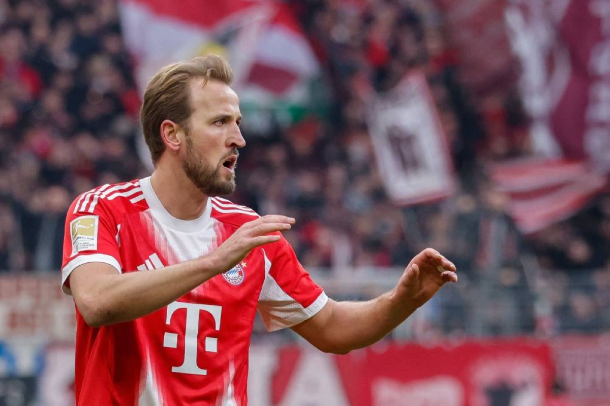 Bayern Munich's Harry Kane celebrates scoring a goal during the Bundesliga match against Werder Bremen in Bremen Saturday. (AFP)
