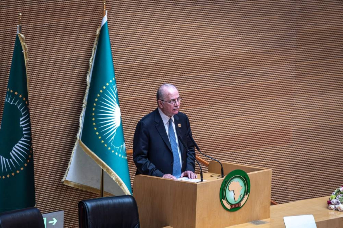 Mohammad Mustafa, Prime Minister of the State of Palestine, addresses the 39th Ordinary Session of the Assembly of the African Union at the AU Headquarters in Addis Ababa on February 14, 2026. (Photo by Marco Simoncelli / AFP)
