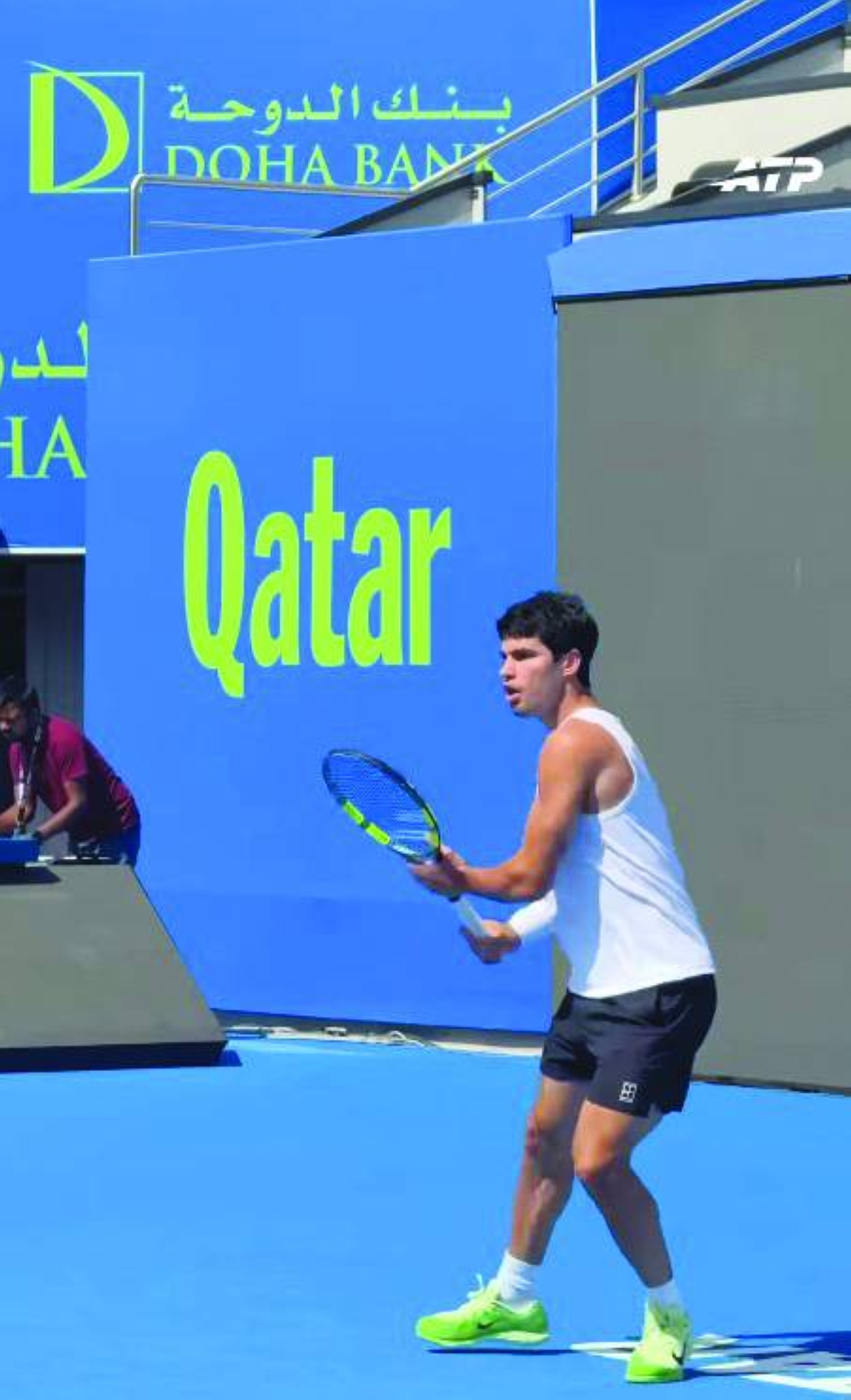 Carlos Alcaraz of Spain during a training session on the centre court at Khalifa International Tennis Complex in Doha Sunday.