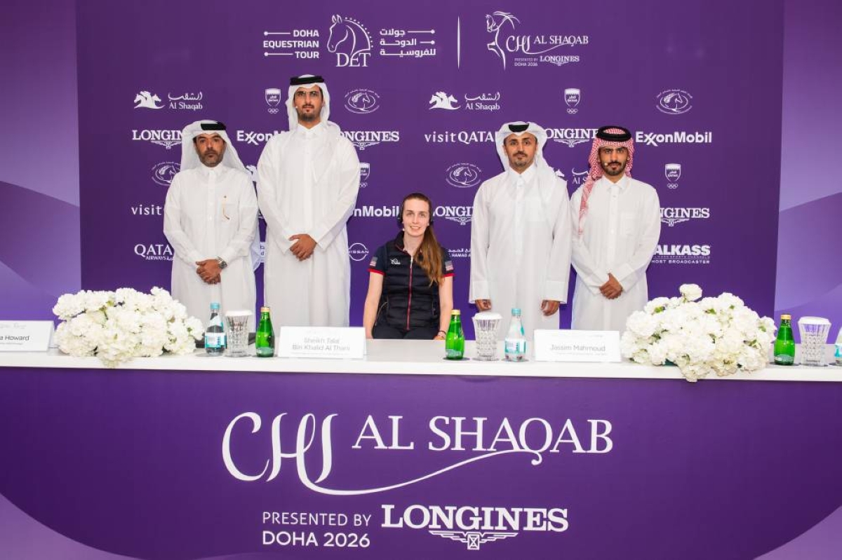 Assistant Deputy Director of the Doha Equestrian Tour Sheikh Talal bin Khalid al-Thani, Director of Communications and Public Relations at Visit Qatar Jassim al-Mahmoud, American para dressage rider Fiona Howard and Director of Marketing and Communications Abdullah al-Qashouti pose for a group photo after the press conference at Al Shaqab.