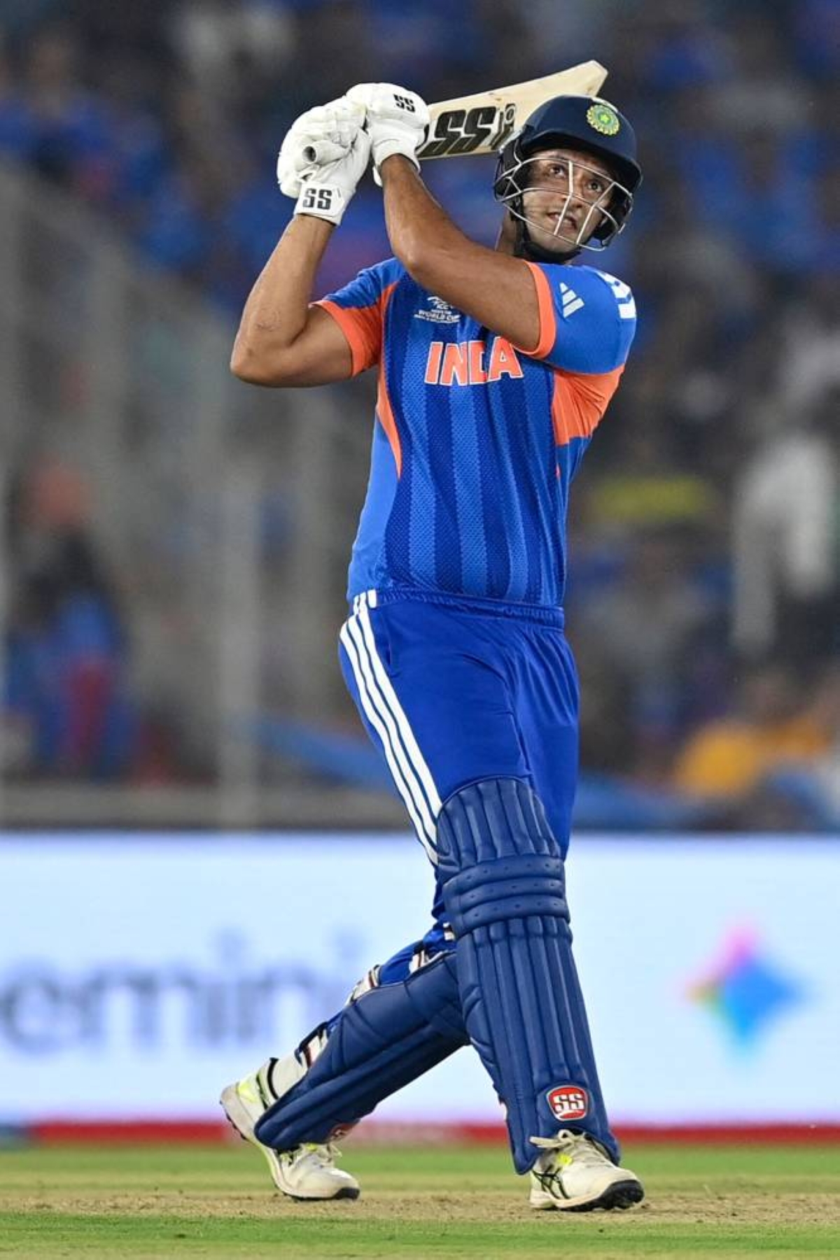 India's Shivam Dube plays a shot during the 2026 ICC T20 World Cup group stage match between India and Netherlands at the Narendra Modi Stadium in Ahmedabad on February 18, 2026. (Photo by Shammi MEHRA / AFP)