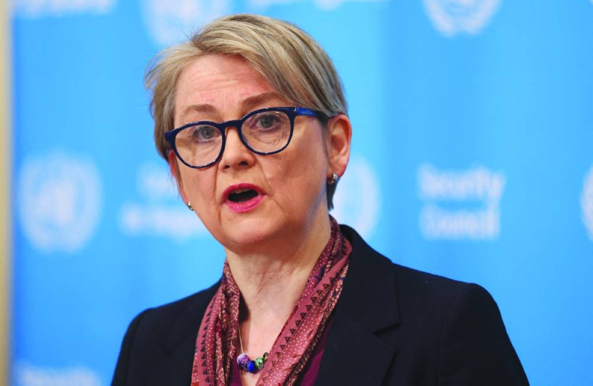 British Foreign Secretary Yvette Cooper speaks to the press before a UN Security Council meeting on Sudan at UN headquarters in New York.