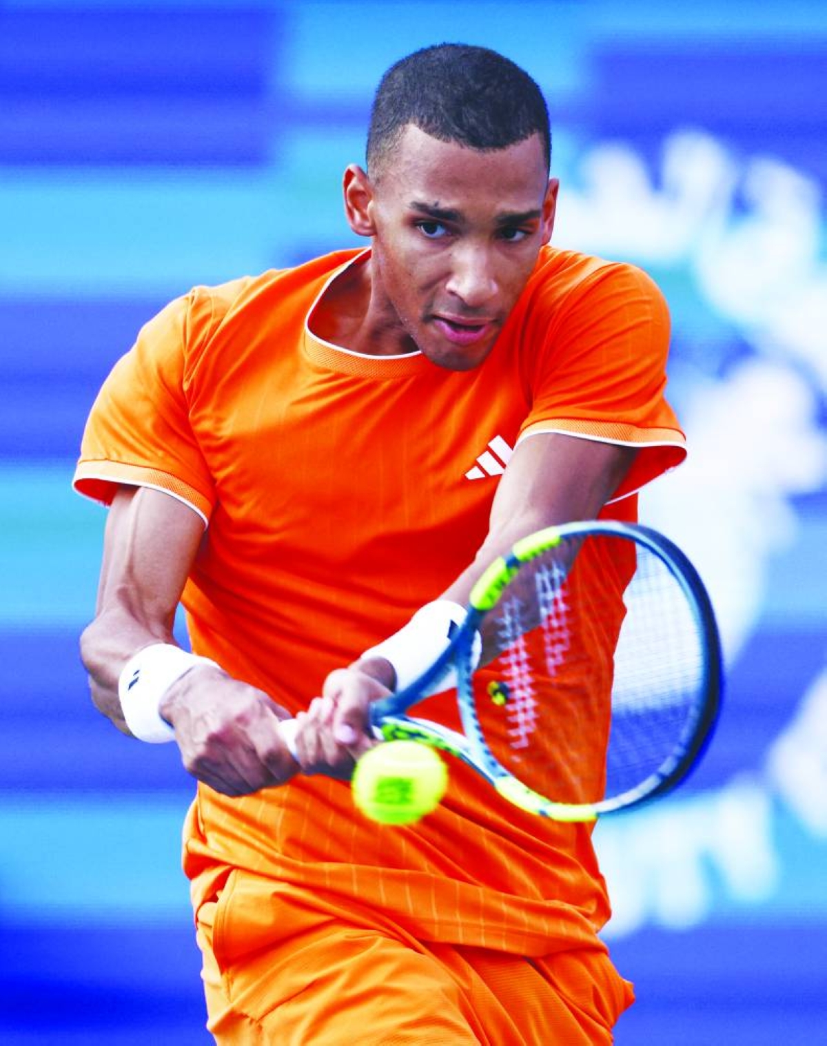 Canada's Felix Auger Aliassime in action during his Dubai Open round of 16 match against France's Giovanni Mpetshi Perricard Wednesday. (Reuters)