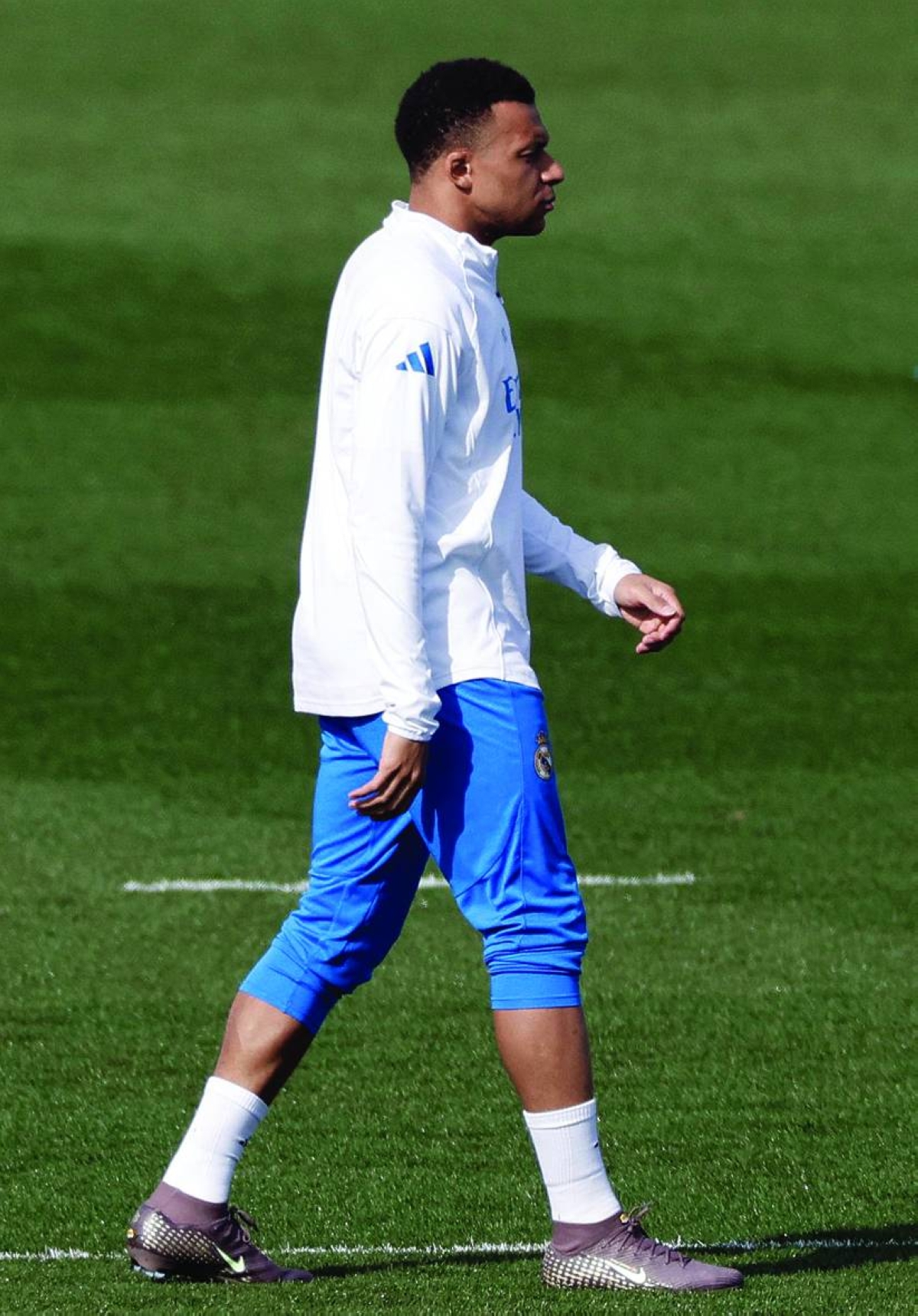 Real Madrid's French forward #10 Kylian Mbappe attends a training session on the eve of their UEFA Champions League knockout round play-off second leg football match against SL Benfica at Real Madrid Sports City in Valdebebas, in the outskirts of Madrid on February 24, 2026. (AFP)