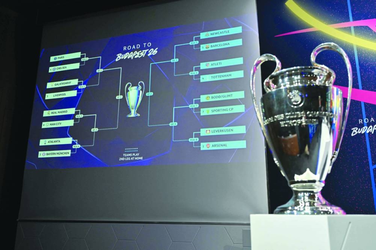 
UEFA Champions League trophy is displayed next to a screen bearing the results of the round of 16, quarter-final and semi-final draw in Nyon, western Switzerland. (AFP) 
